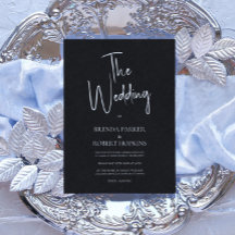 ブラックリネンシンプルホワイトスクリプトウェディング招待