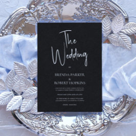 ブラックリネンシンプルホワイトスクリプトウェディング招待 招待状