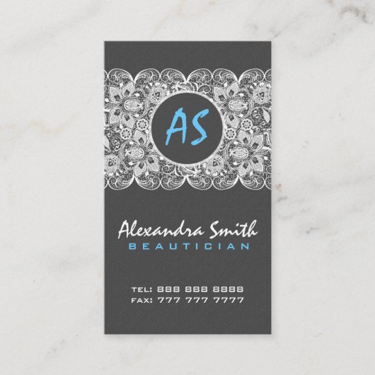 ブラックリネン&ホワイトヴィンテージフローラ&レース 名刺 (正面)