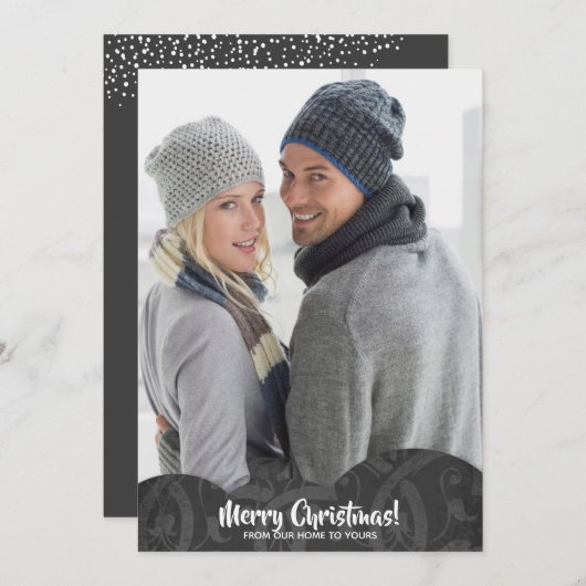 ブラックリネンFiligreeフォトクリスマスホリデーカード シーズンカード (正面/裏面)