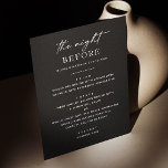 ブラックリハーサルディナー | 前モダン夜 メニュー<br><div class="desc">この祝黒いリハーサルディナーのメニューとスタイルモダンで「前の夜」。ミニマルなはっきりしたレイアウトとエレガントタイポグラフィでデザインされ、洗練された外観を望むカップルにお洒落最適だ。ディナカスタマイズーのコースを紹介し、プレズの夕べのための洗練された仕上げtouchを作成する文字結婚。</div>