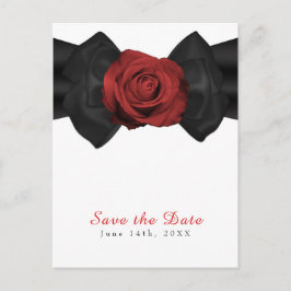 ブラックリボンと赤いバラのエレガントなSave the Date 案内ポストカード