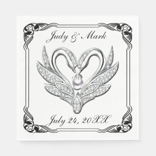 ブラックリボンシルバースワンズ紙ナプキンズ スタンダードランチョンナプキン (正面)