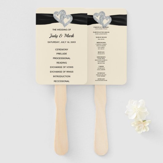 ブラックリボンダイヤモンドハート結婚式 プログラムファン ハンドファン (正面&裏面)