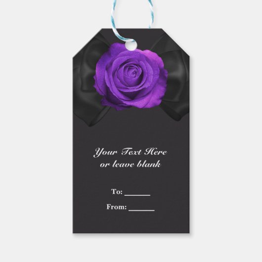 ブラックリボンボウ&パープルバラ任意の色の好意 ギフトタグ (正面)