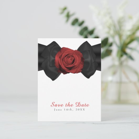ブラックリボンボウ&レッドローズエレガント日付を保存 案内ポストカード (スタンド正面)