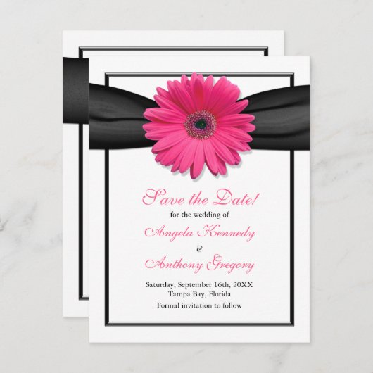 ブラックリボン付きピンクガーベラ日付カードを保存 セーブザデート (正面/裏面)