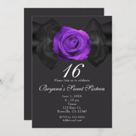 ブラックリボン&パープルバラ任意のカラー招待状 招待状