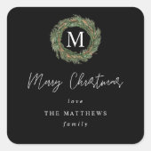 ブラックリースモノグラムメリークリスマスギフト スクエアシール (正面)