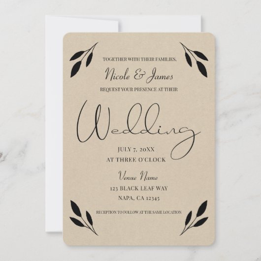 ブラックリーフボタニカル素朴クモダンラフト結婚ズ 招待状 (正面)