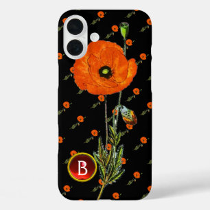 ブラックルビー宝石モノグラムの赤ポピー iPhone 16 PLUSケース