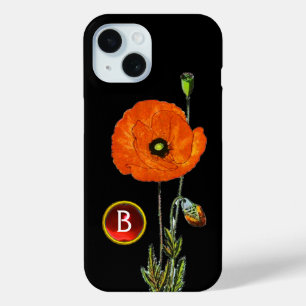 ブラックルビー宝石モノグラムの赤ポピー iPhone 15ケース