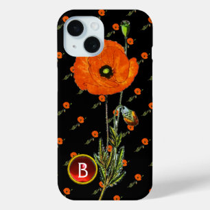 ブラックルビー宝石モノグラムの赤ポピー iPhone 15ケース