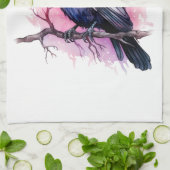 ブラックレイヴンオンザブランチイラストレーション キッチンタオル (折り畳み)