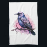 ブラックレイヴンオンザブランチイラストレーション キッチンタオル<br><div class="desc">紫色のピンクの羽を持つ黒いカラスのイメージのキッチンタオル。この美しい神秘的な鳥の背後にあるピンクの水の色の(ばちゃばちゃ)跳ねる。</div>