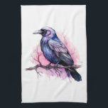 ブラックレイヴンオンザブランチイラストレーション キッチンタオル<br><div class="desc">紫色のピンクの羽を持つ黒いカラスのイメージのキッチンタオル。この美しい神秘的な鳥の背後にあるピンクの水の色の（ばちゃばちゃ）跳ねる。</div>