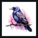 ブラックレイヴンオンザブランチイラストレーション ポスター<br><div class="desc">紫色のピンクの羽を持つ黒いカラスのイメージを持つポスター。この美しい神秘的な鳥の背後にあるピンクの水の色の(ばちゃばちゃ)跳ねる。</div>