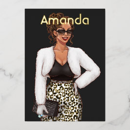 ブラックレオパードファッションバースデーパーティーフォイルインヴィッティ 箔招待状