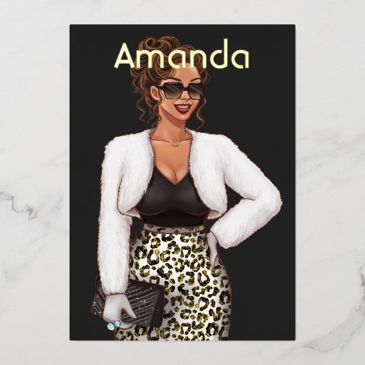 ブラックレオパードファッションバースデーパーティーフォイルインヴィッティ 箔招待状 (正面)