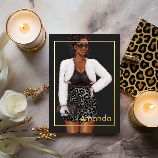 ブラックレオパードファッションバースデーパーティー 箔招待状