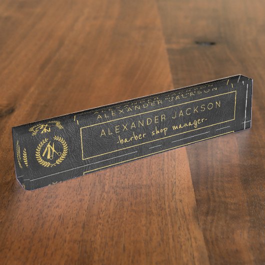 ブラックレザーと金ゴールドロゴ理容師ショップマネジャー デスクネームプレート (側面)