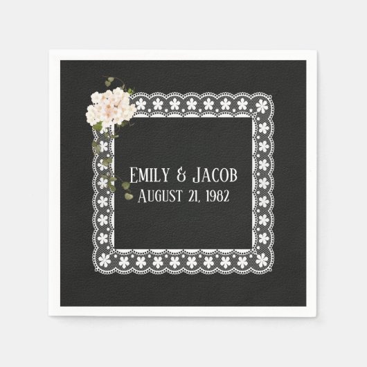 ブラックレザーの四角レース スタンダードカクテルナプキン (正面)