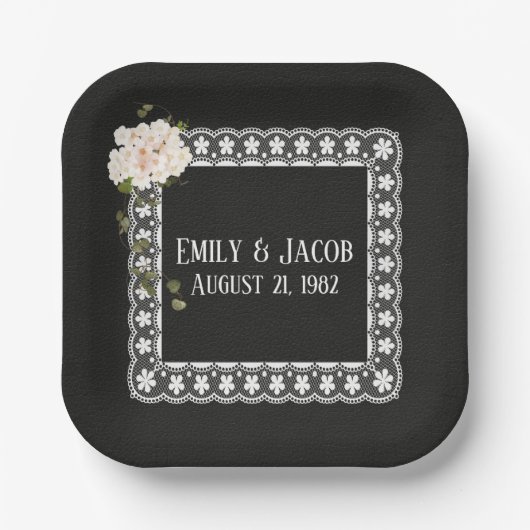 ブラックレザーの四角レース ペーパープレート (正面)