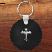 ブラックレザーの金属製の十字架 キーホルダー (正面)