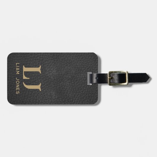 ブラックレザーイニシャルモノグラムモダンヴィンテージ ラゲッジタグ (正面横)