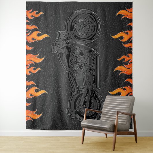 ブラックレザーオレンジフレイムオートバイバイクもしくは自転車に乗る人パーティー タペストリー (インサイチュ)