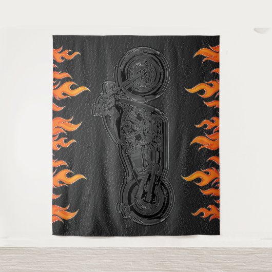 ブラックレザーオレンジフレイムオートバイバイクもしくは自転車に乗る人パーティー タペストリー (正面)