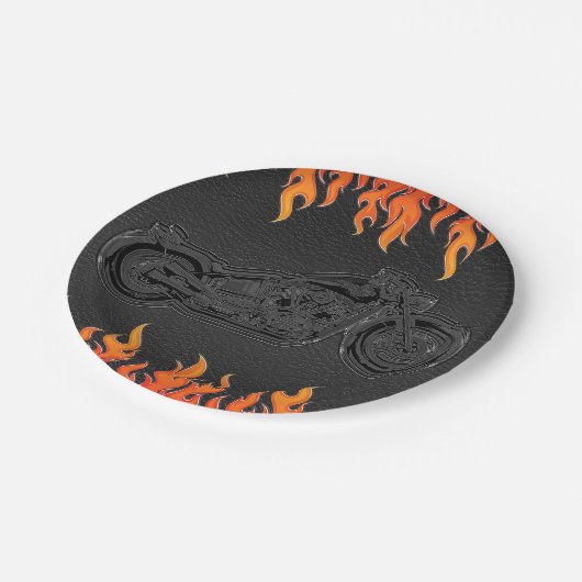 ブラックレザーオレンジフレイムオートバイバイクもしくは自転車に乗る人パーティー ペーパープレート (アングル)