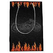 ブラックレザーオレンジフレイムオートバイバイクもしくは自転車に乗る人パーティー ミディアムペーパーバッグ (正面)