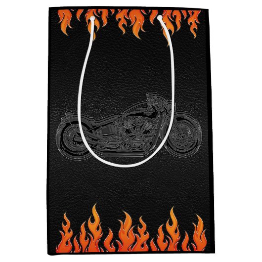 ブラックレザーオレンジフレイムオートバイバイクもしくは自転車に乗る人パーティー ミディアムペーパーバッグ (正面)