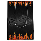 ブラックレザーオレンジフレイムオートバイバイクもしくは自転車に乗る人パーティー ミディアムペーパーバッグ (裏面)