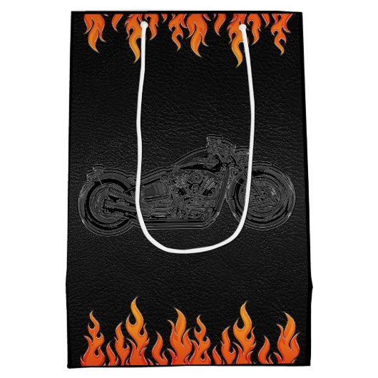 ブラックレザーオレンジフレイムオートバイバイクもしくは自転車に乗る人パーティー ミディアムペーパーバッグ (裏面)