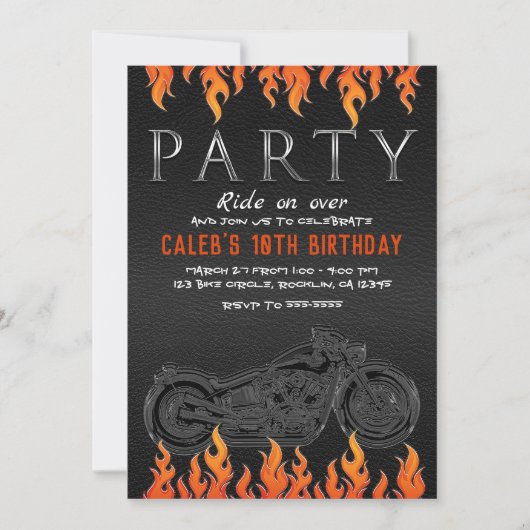 ブラックレザーオレンジフレイムオートバイバイクもしくは自転車に乗る人パーティー 招待状 (正面)