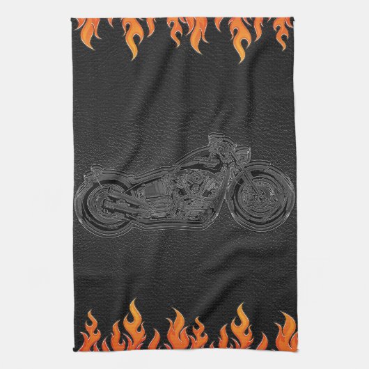 ブラックレザーオレンジフレイムホットファイヤーバイク キッチンタオル (縦)