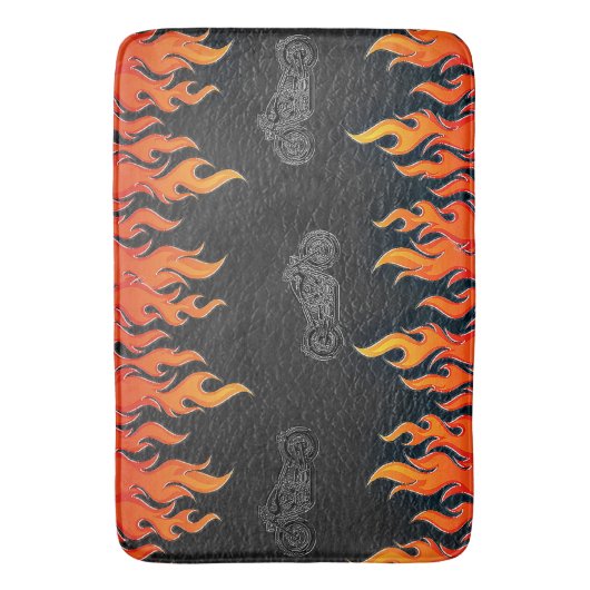 ブラックレザーオレンジフレイムホットファイヤーバイク バスマット (正面縦)