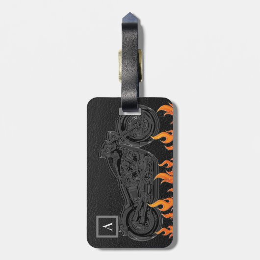 ブラックレザーオレンジフレイムホットファイヤーバイク ラゲッジタグ (裏面縦)
