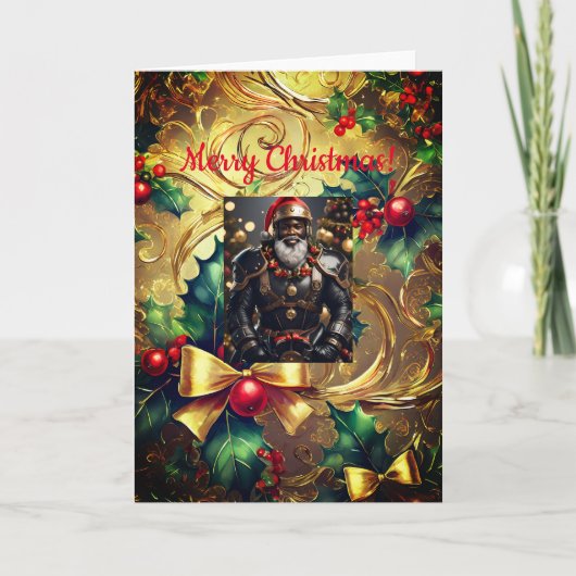 ブラックレザーサンタクリスマス、5" x 7"折り畳みカード カード (正面)