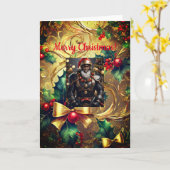 ブラックレザーサンタクリスマス、5" x 7"折り畳みカード カード (黄色い花)