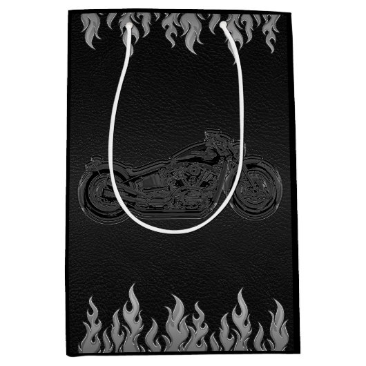 ブラックレザーシルバークロムバイクバイクもしくは自転車に乗る人パーティー ミディアムペーパーバッグ (正面)