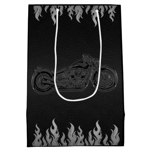 ブラックレザーシルバークロムバイクバイクもしくは自転車に乗る人パーティー ミディアムペーパーバッグ (裏面)