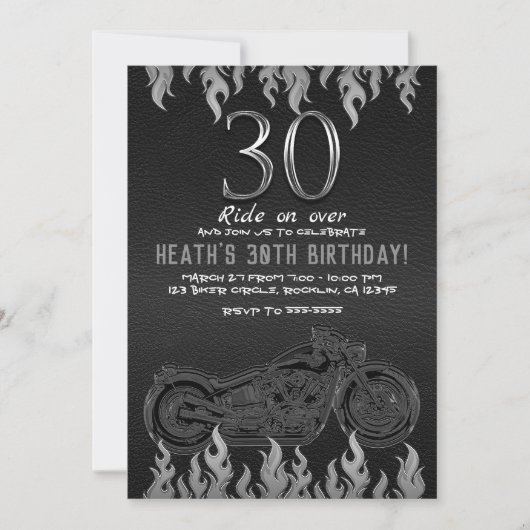 ブラックレザーシルバーバイク30TH 30誕生日 招待状 (正面)