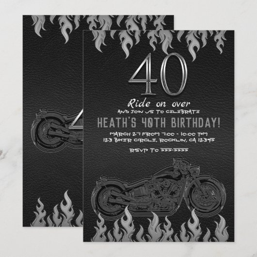 ブラックレザーシルバーバイク40歳の誕生日 招待状 (正面/裏面)
