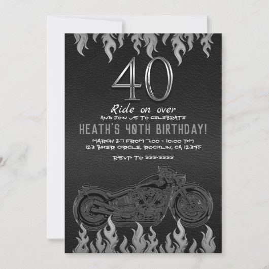 ブラックレザーシルバーバイク40TH 40誕生日 招待状 (正面)