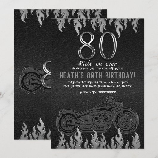 ブラックレザーシルバーバイク80歳の誕生日 招待状 (正面/裏面)