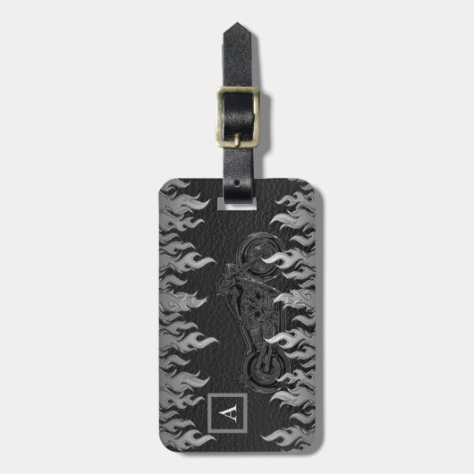 ブラックレザーシルバーフレイムホットファイヤーバイク ラゲッジタグ (正面縦)