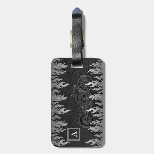 ブラックレザーシルバーフレイムホットファイヤーバイク ラゲッジタグ (裏面縦)